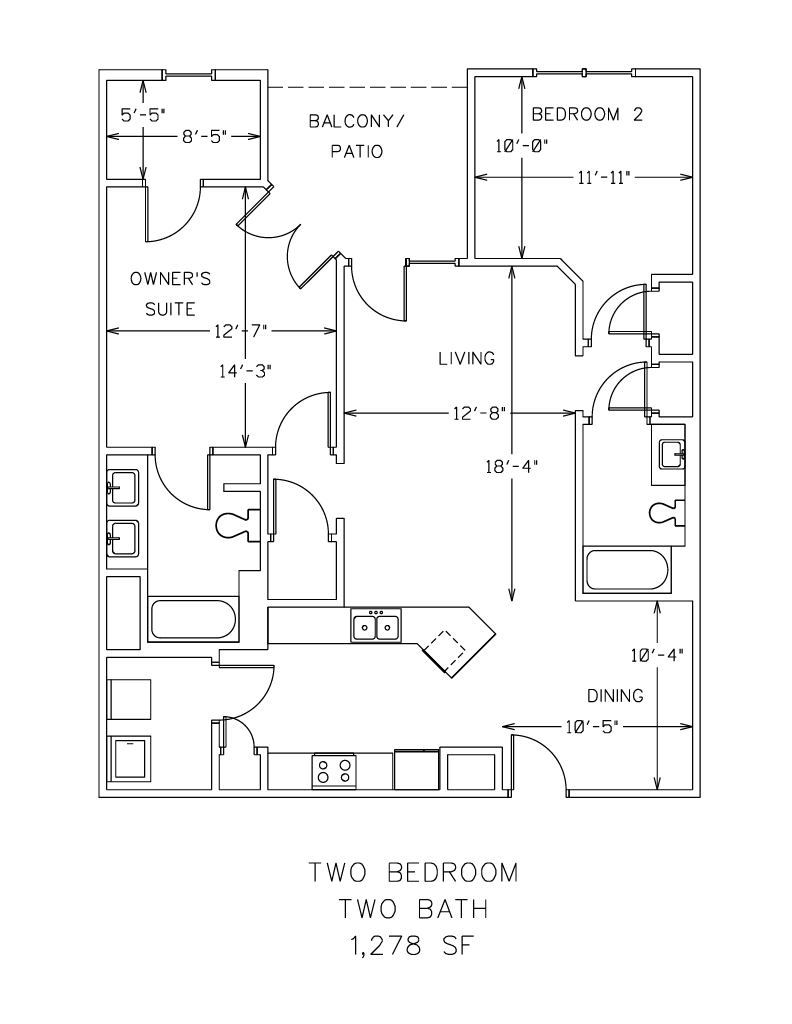 Floor plan for 2 beds, 2 baths, 1283 sqft